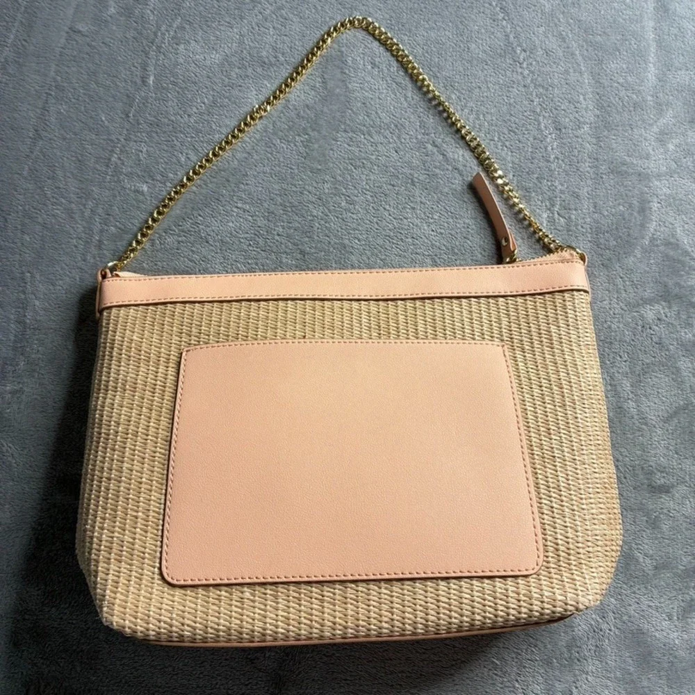 Nanette Lepore Woven Straw Vegan Leather Gold Chain Shoulder‎ Bag Classic Peach